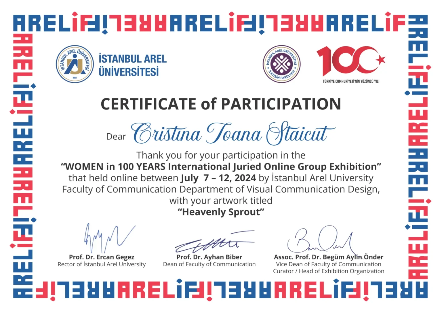 Certificate of Participation - Istanbul Arel Universitesi - Woman in 100 years - Cristina Ioana Staicut