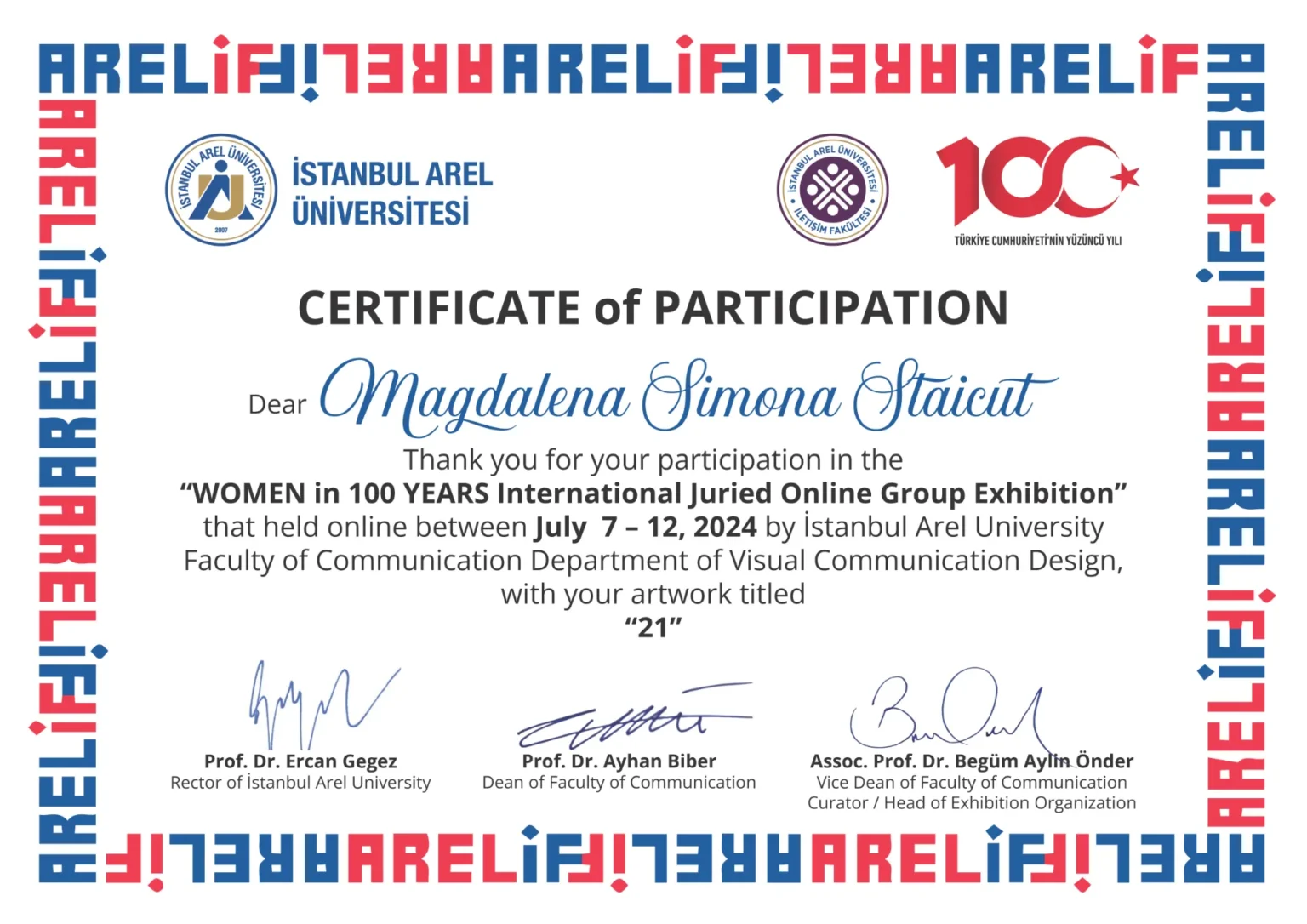 Certificate of Participation - Istanbul Arel Universitesi - Woman in 100 years - Magdalena Simona Staicut